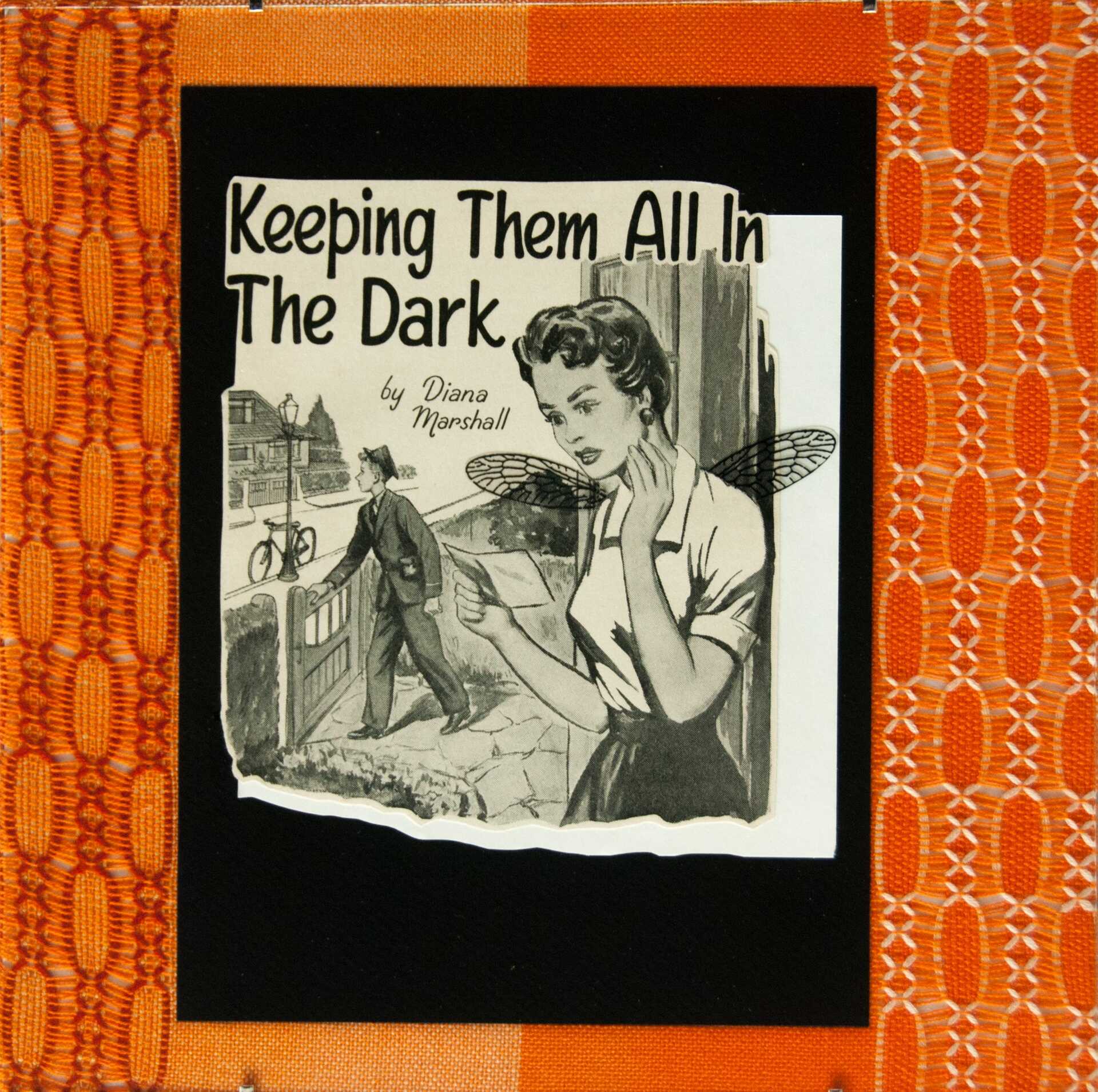 "Keeping Them All In The Dark" by Libby Bloxham. A vintage book illustration is layered over black card and textured vintage orange fabric, to create a square collage. The illustration depicts a woman looking with concern at a note in her hand, while in the background a postal worker leave through her gate, and the title 'Keeping Them All In The Dark by Diana Marshall'. Acetate insect wings have been added to the woman's back.
