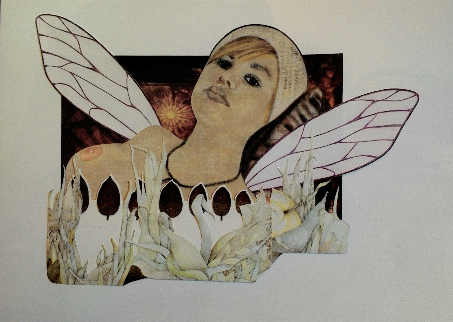 Collage work 'Connection' by Libby Bloxham. A nude portrait of a reclining woman is layered under countour-cut pencil drawings and inked imprints of leaves, fruits and other botanical elements. Contour-cute insect wings have been placed at her shoulders.