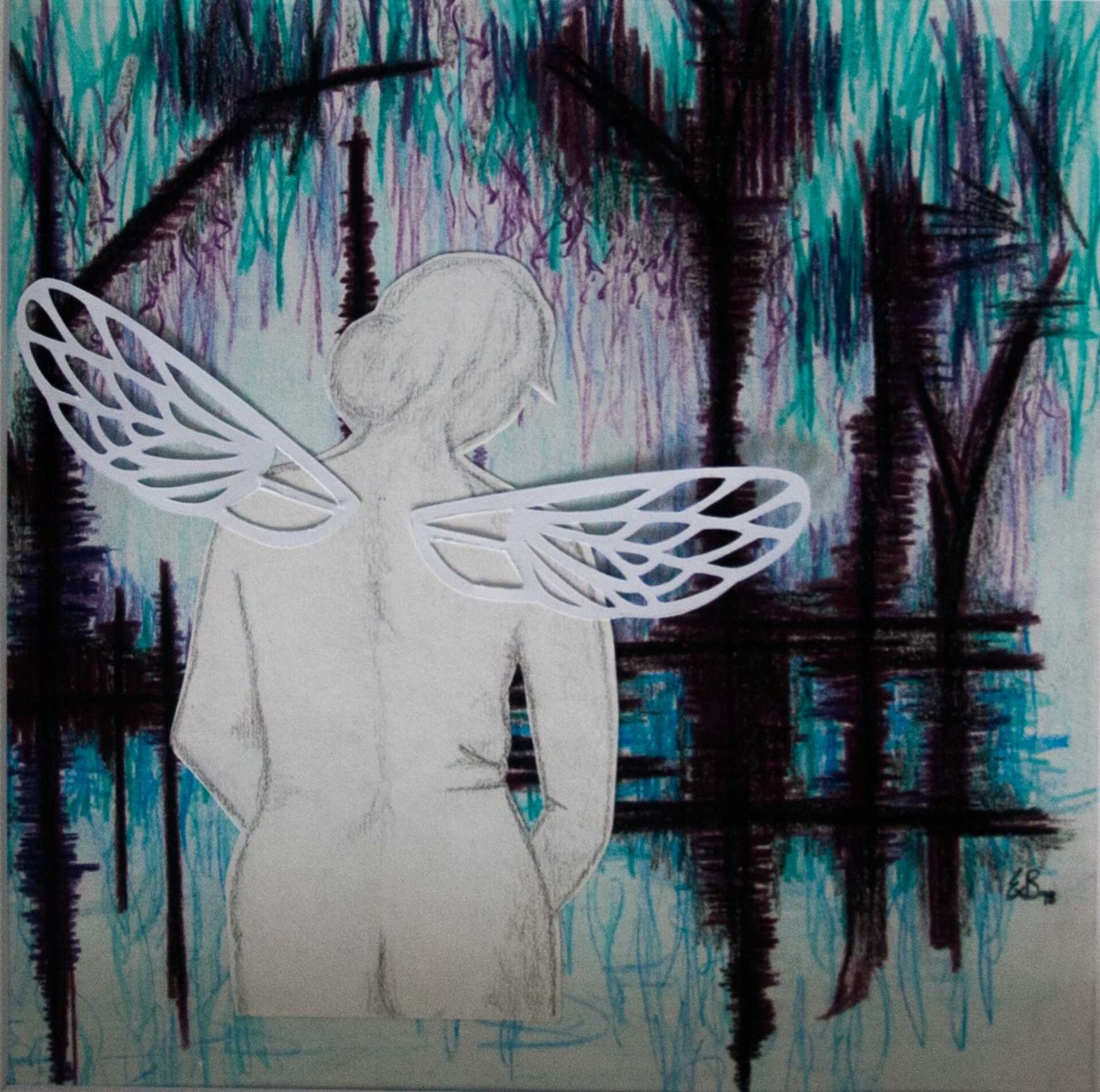 Pencil and collage work 'Contemplation' by Libby Bloxham. The base is a moody, abstracted landscape in coloured pencil, using blue, green and cool purple tones under stark black silhouettes, evoking trees reflected in still water. Layered over this is a cut-out pencil sketch of a nude female figure, shown from behind as if bathing. Insect-like wings cut from white paper are attached to the woman's shoulders.