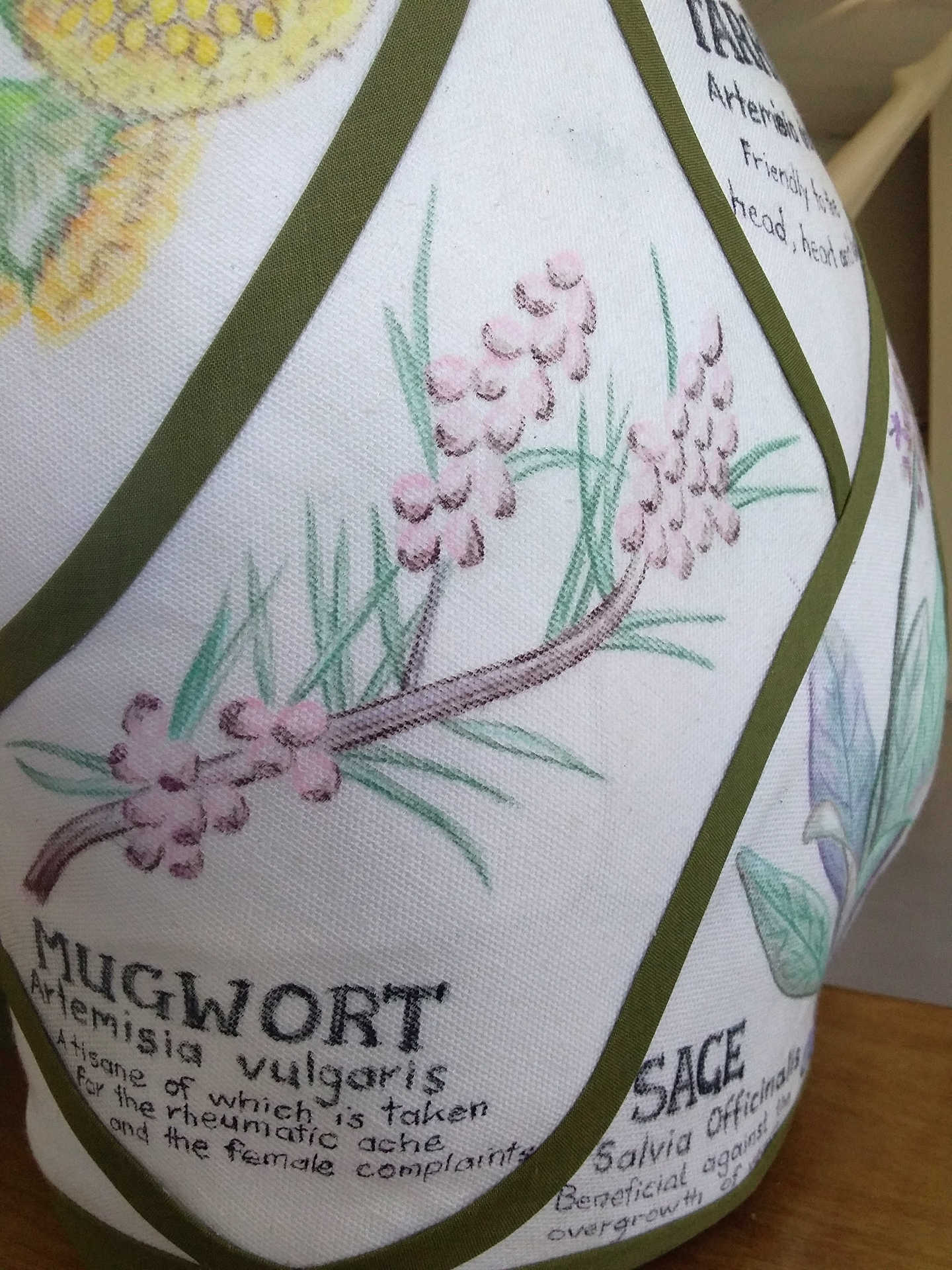 A close-up detail shot of 'Disempowerment' by Libby Bloxham, showing a white fabric panel covering the left thigh of a female torso mannequin. The panel is filled with a pencil illustration of a branch with thin green leaves and purple berries , and the text: 'Mugwort', 'Artemisia vulgaris', 'A tisane of which is taken for the rheumatic ache and the female complaints'.