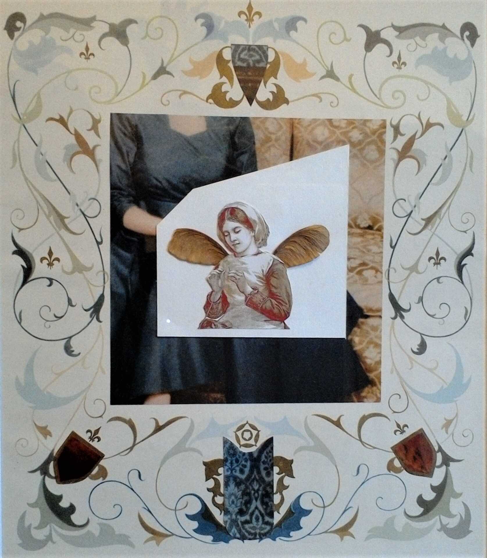 Collage work "Kitty" by Libby Bloxham. An elaborate ornamental border of swirling leaves and heraldric elements frames a square photograph of someone in an 80s era party dress. Layered over the photograph is a vintage sepia-toned illustration of a woman in archaic working clothes and a head scarf, threading a needle. From her back sprout textured wings that look like earthy-coloured leaves or petals.