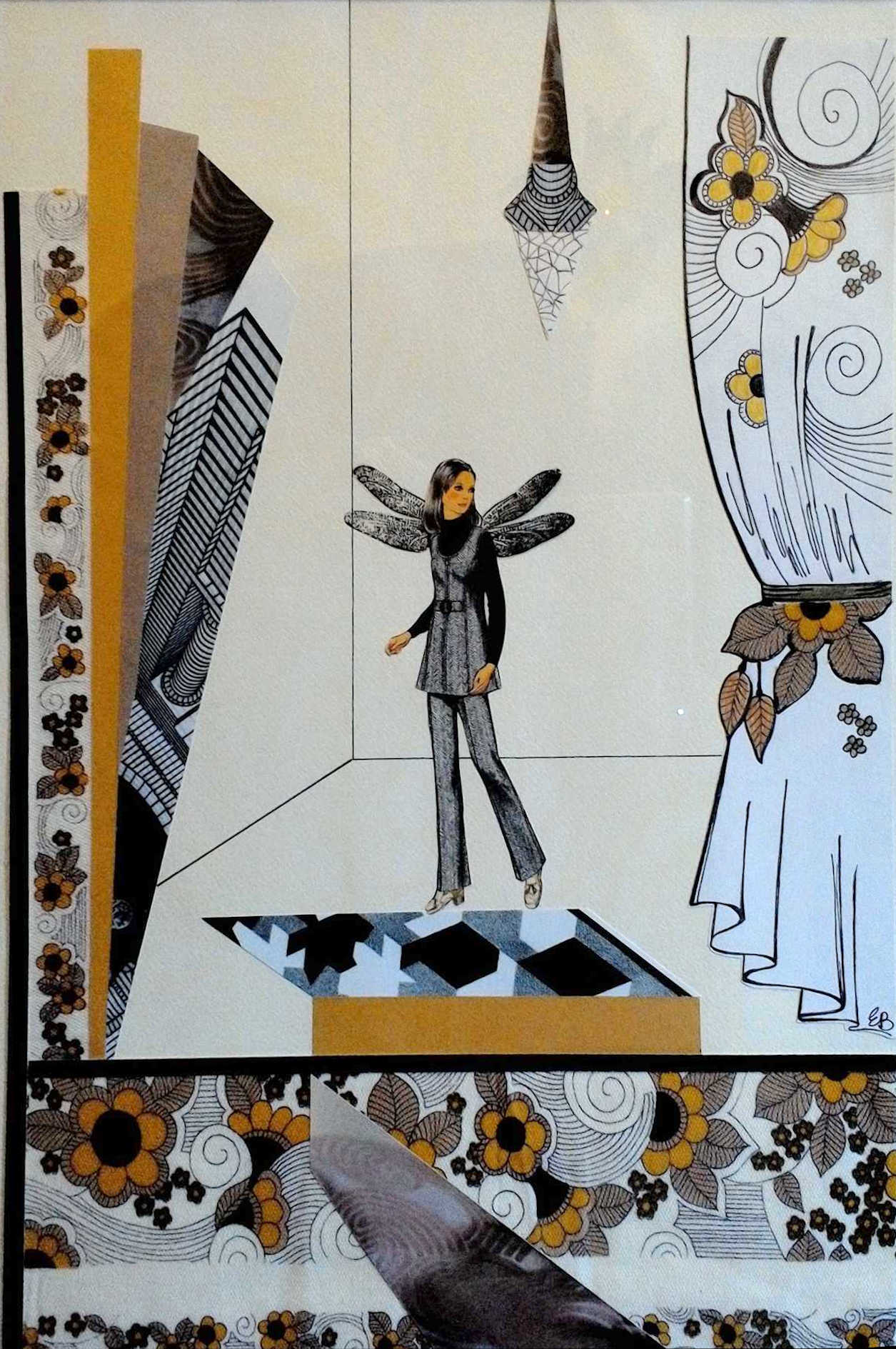 Collage work "Deirdre won an award for stage and set design" by Libby Bloxham. The collage centres on a fashion figure illustration typical of vintage sewing patterns, a woman in 70s style smart casual clothes, with acetate dragonfly wings placed at her shoulders. She stands against a lightly tan-coloured backdrop showing the corner of a room, while around her are arranged swatches of illustrations, vintage paper and fabrics in shapes that describe stage dressing including a gathered curtain and hanging light. The piece uses black and white as base colours, with orange tones featuring strongly in both block colours and patterns.