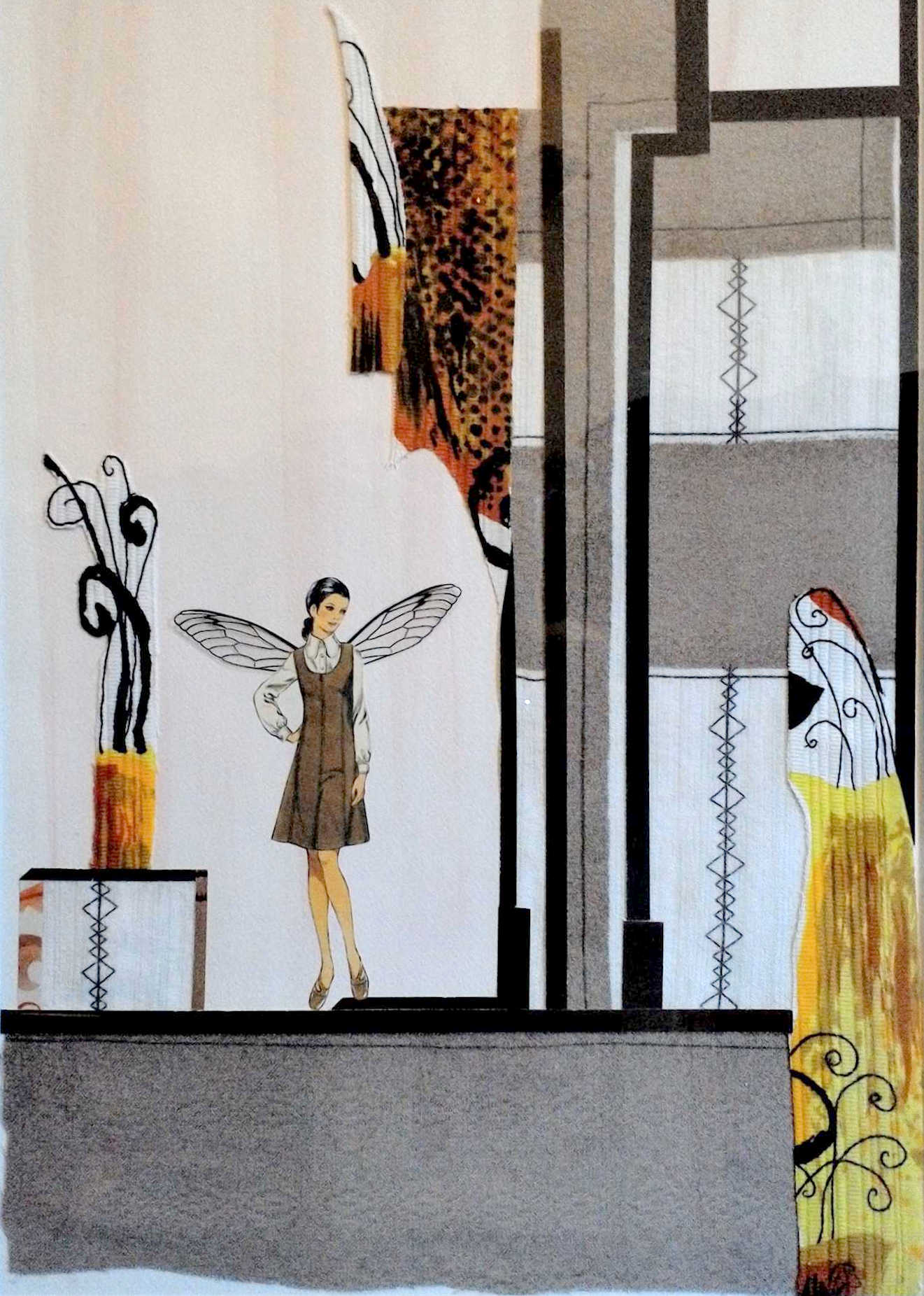 Collage work "Nola started her own interior design business" by Libby Bloxham. The collage centres on a fashion figure illustration typical of vintage sewing patterns, a woman in 70s style smart casual clothes, with acetate insect wings placed at her shoulders. She stands over a plain background, while around her swatches of vintage fabric, card and illustrations loosely describe the features of a room interior, like a feature wall and a table with a vase. The work predominantly features warm brown tones with gold highlights.